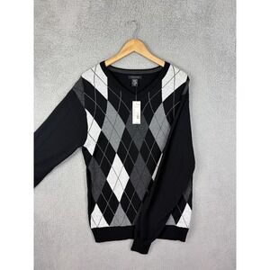 Structure Sweater Mens Large Black Gray Argyle V Neck Cotton Knit Pullover New